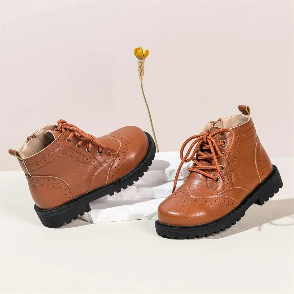 Meckior Toddler Girls Boys Combat Ankle Boots Little Kid Zipper Lace Up Waterproof Outdoor Chelsea Booties Leather Fashion School Uniform Dress Boots