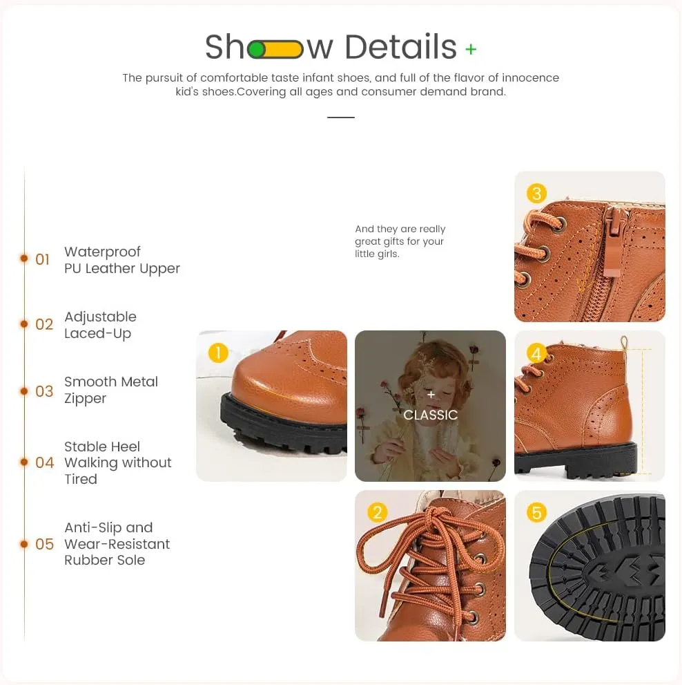 Meckior Toddler Girls Boys Combat Ankle Boots Little Kid Zipper Lace Up Waterproof Outdoor Chelsea Booties Leather Fashion School Uniform Dress Boots