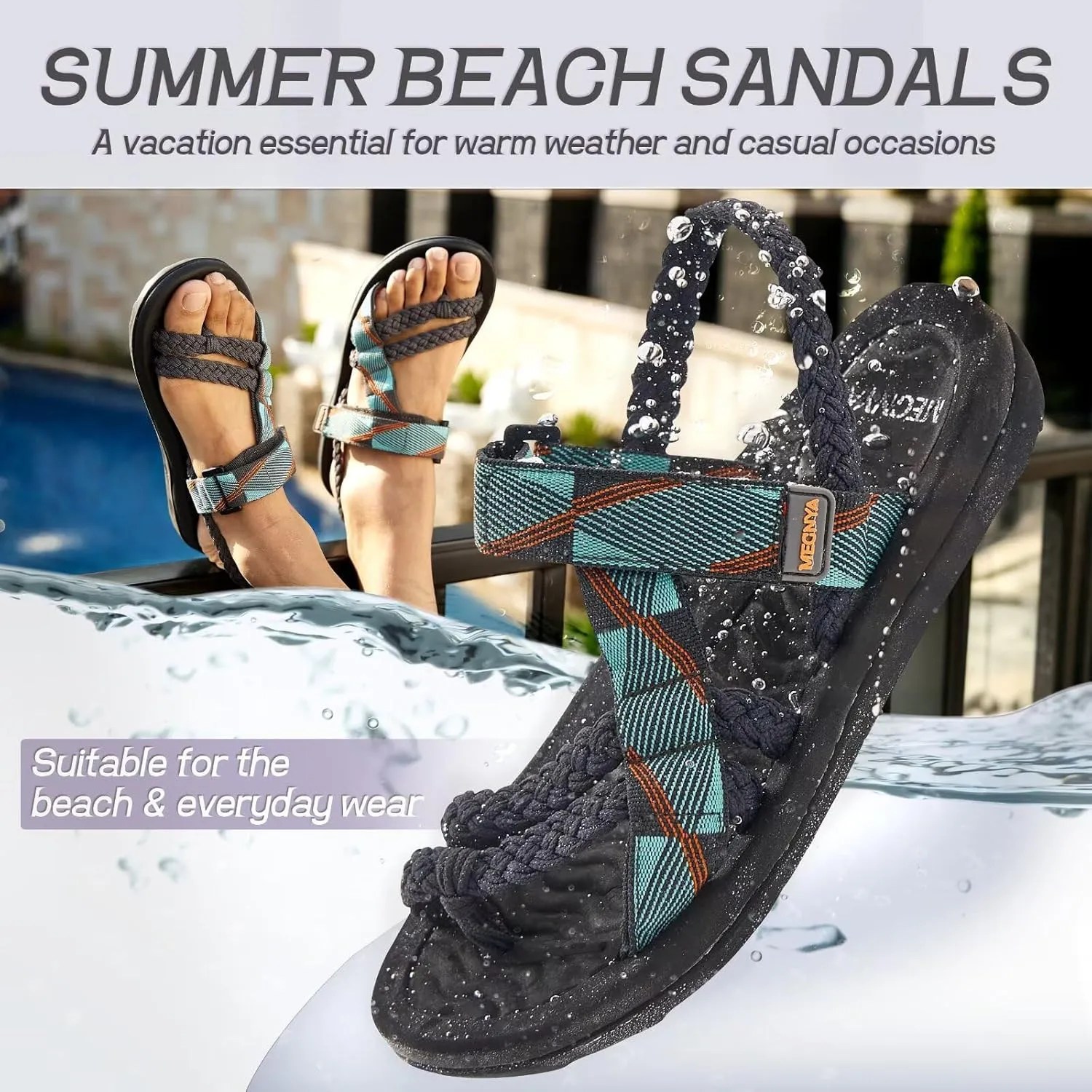 MEGNYA Comfortable Womens Hiking Sandals, Flip Flop Walking Sandals with Arch Support, Athletic Sandals with Hook and Loop Straps for Beach Vacation Adventure