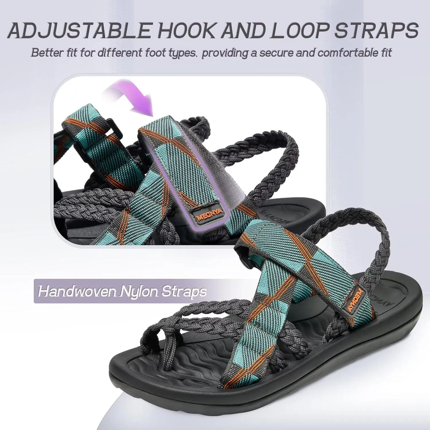 MEGNYA Comfortable Womens Hiking Sandals, Flip Flop Walking Sandals with Arch Support, Athletic Sandals with Hook and Loop Straps for Beach Vacation Adventure