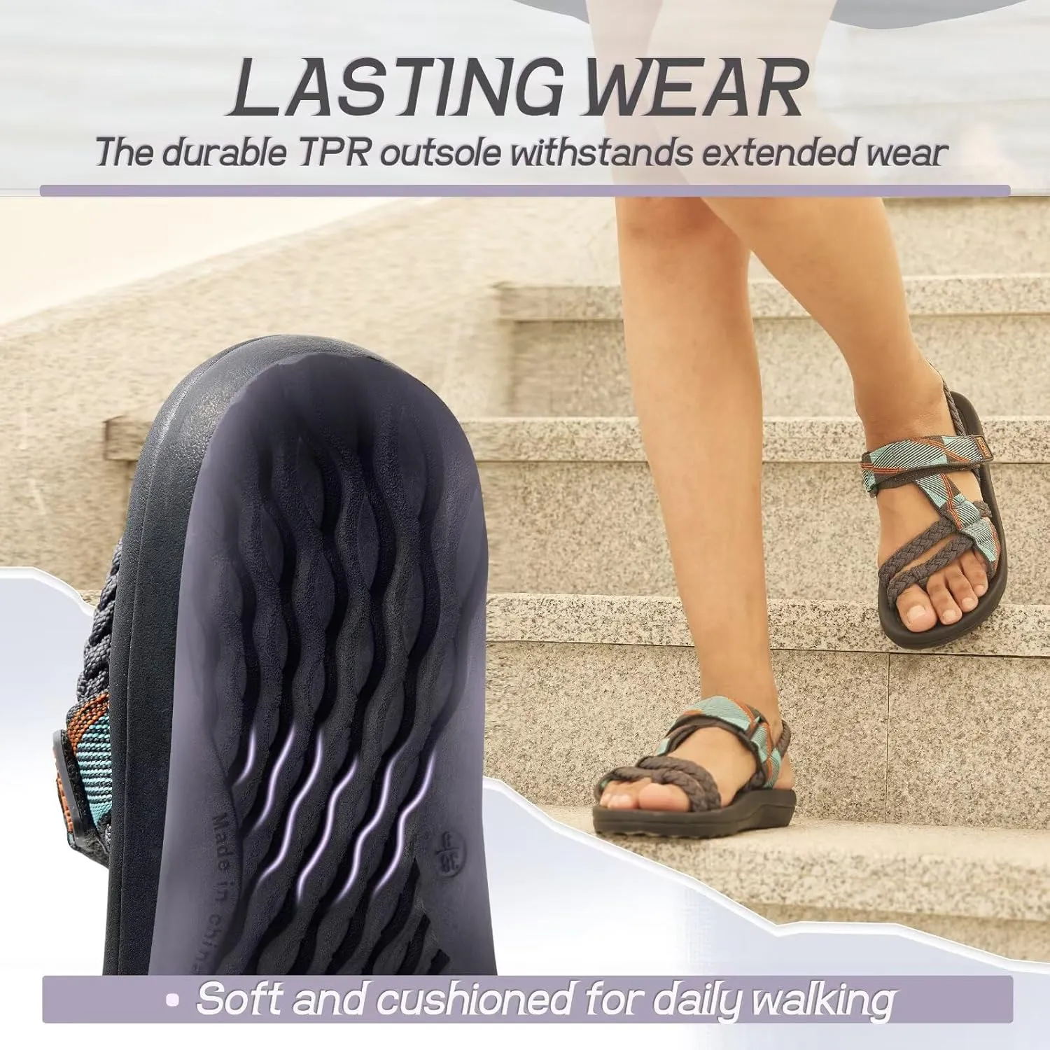 MEGNYA Comfortable Womens Hiking Sandals, Flip Flop Walking Sandals with Arch Support, Athletic Sandals with Hook and Loop Straps for Beach Vacation Adventure