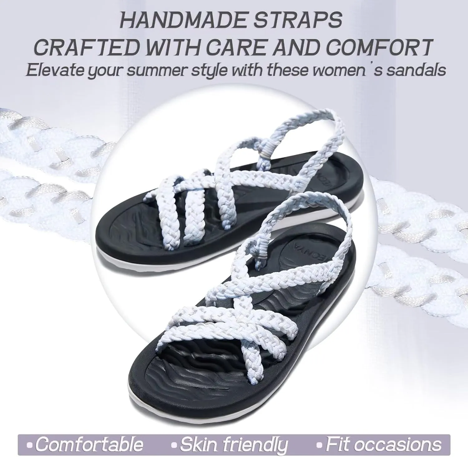 MEGNYA Women's Comfortable Walking Sandals with Arch Support, Athletic Hiking Sandals with Handmade Straps, Outdoor Soft Water Sandals for Beach Poolside Travel Camping