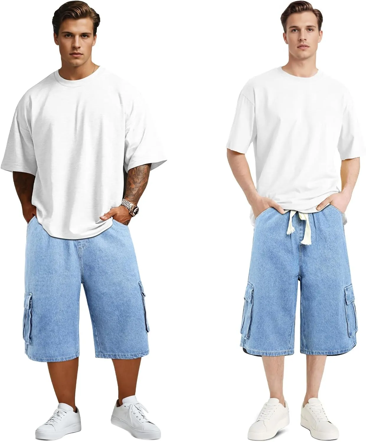 Men Baggy Jean Shorts Streetwear Denim Shorts Cargo Stretch Waist Jorts 15 Inch Inseam