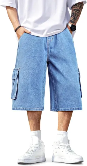 Men Baggy Jean Shorts Streetwear Denim Shorts Cargo Stretch Waist Jorts 15 Inch Inseam