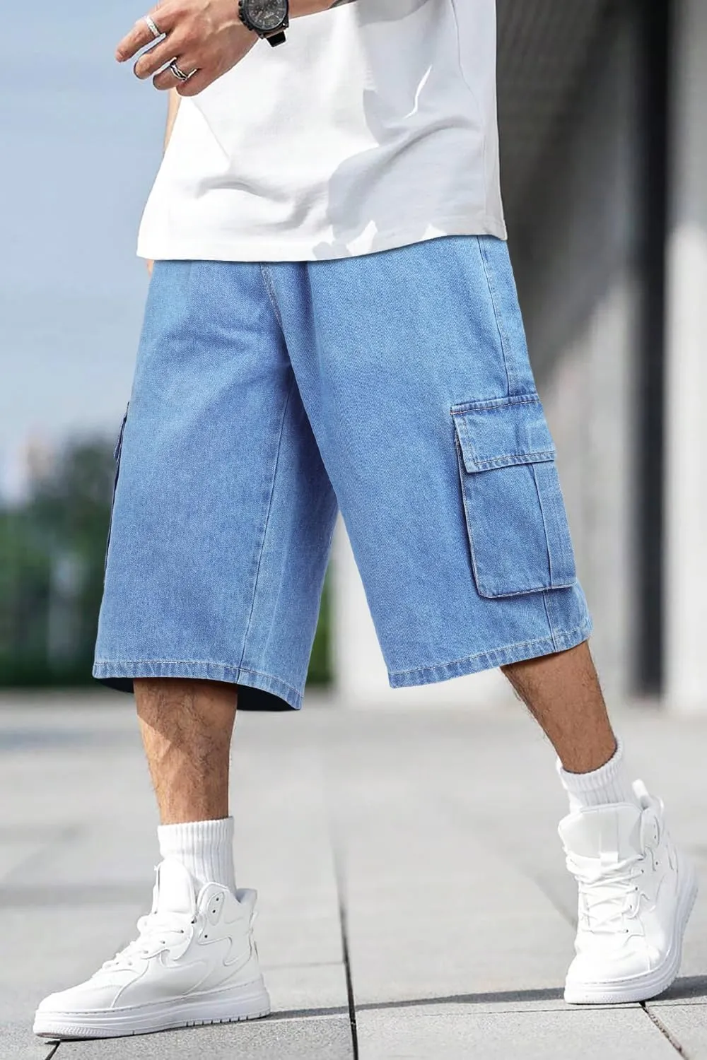 Men Baggy Jean Shorts Streetwear Denim Shorts Cargo Stretch Waist Jorts 15 Inch Inseam