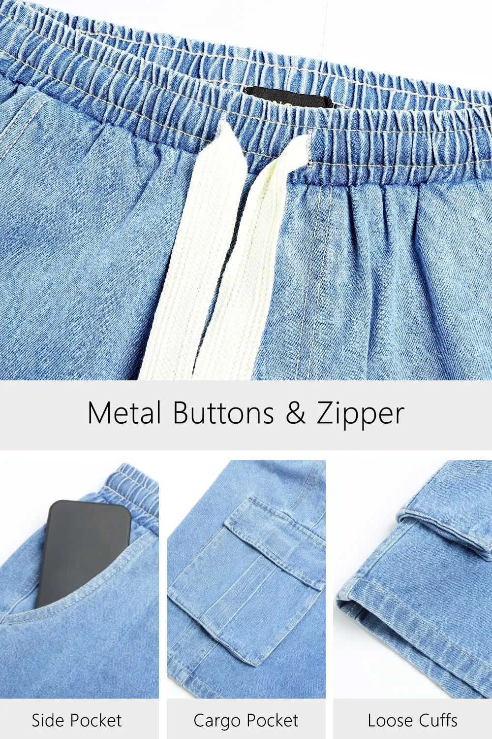 Men Baggy Jean Shorts Streetwear Denim Shorts Cargo Stretch Waist Jorts 15 Inch Inseam