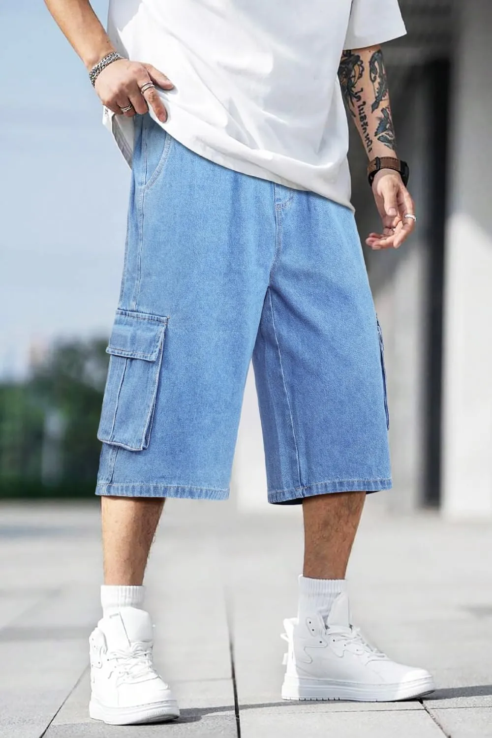 Men Baggy Jean Shorts Streetwear Denim Shorts Cargo Stretch Waist Jorts 15 Inch Inseam