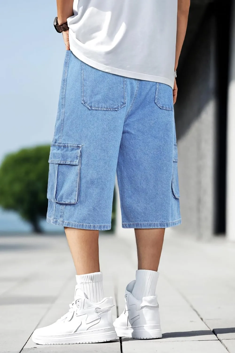 Men Baggy Jean Shorts Streetwear Denim Shorts Cargo Stretch Waist Jorts 15 Inch Inseam