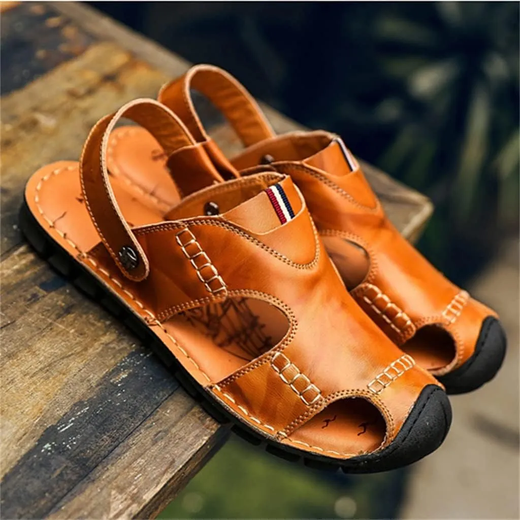 Men Beach Genuine Leather Sandals Shoes Outdoor Hiking Climbing Comfortable Male Soft(42)