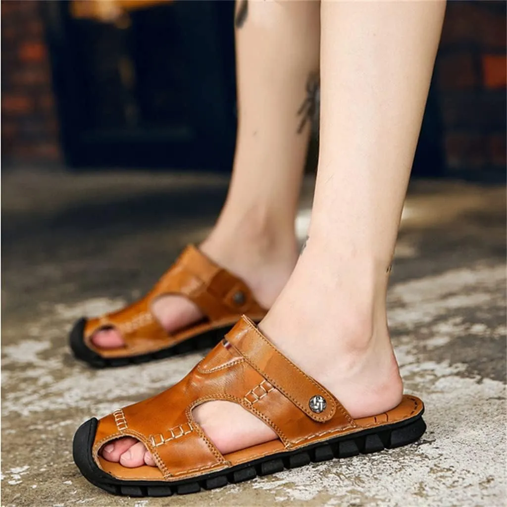 Men Beach Genuine Leather Sandals Shoes Outdoor Hiking Climbing Comfortable Male Soft(42)