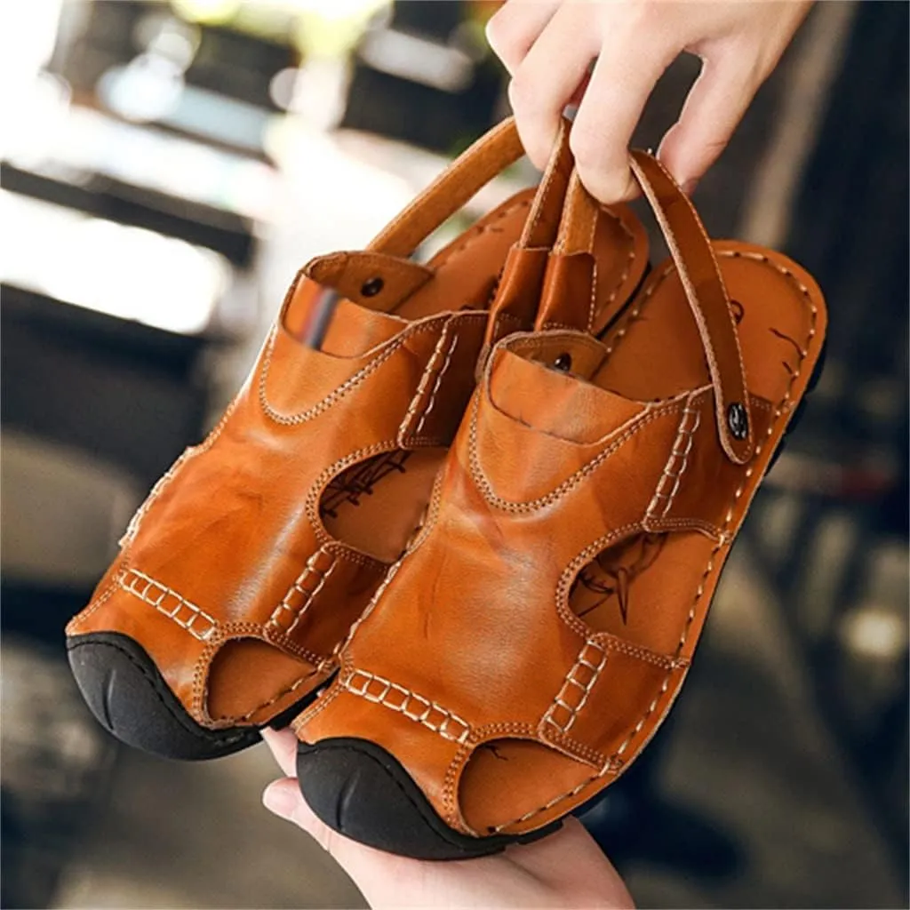 Men Beach Genuine Leather Sandals Shoes Outdoor Hiking Climbing Comfortable Male Soft(42)