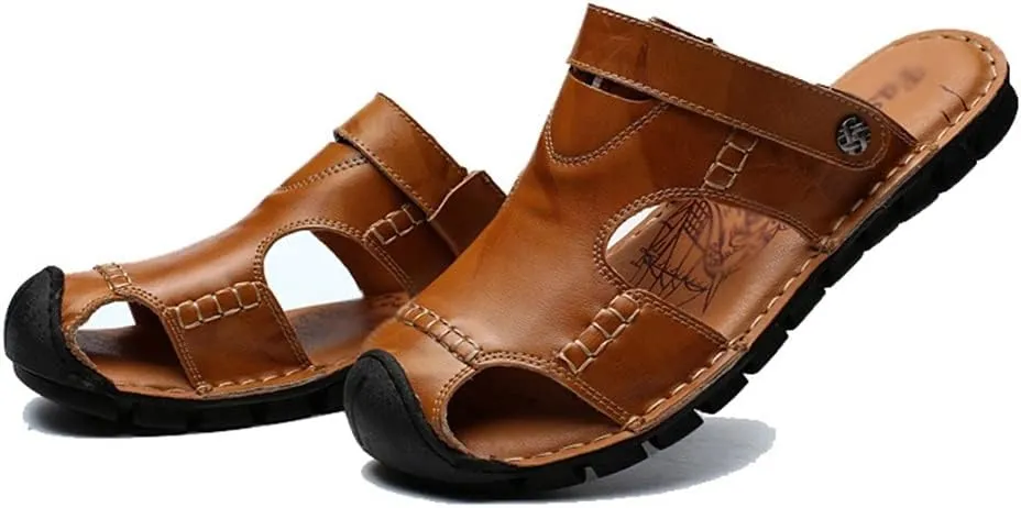 Men Beach Genuine Leather Sandals Shoes Outdoor Hiking Climbing Comfortable Male Soft(42)