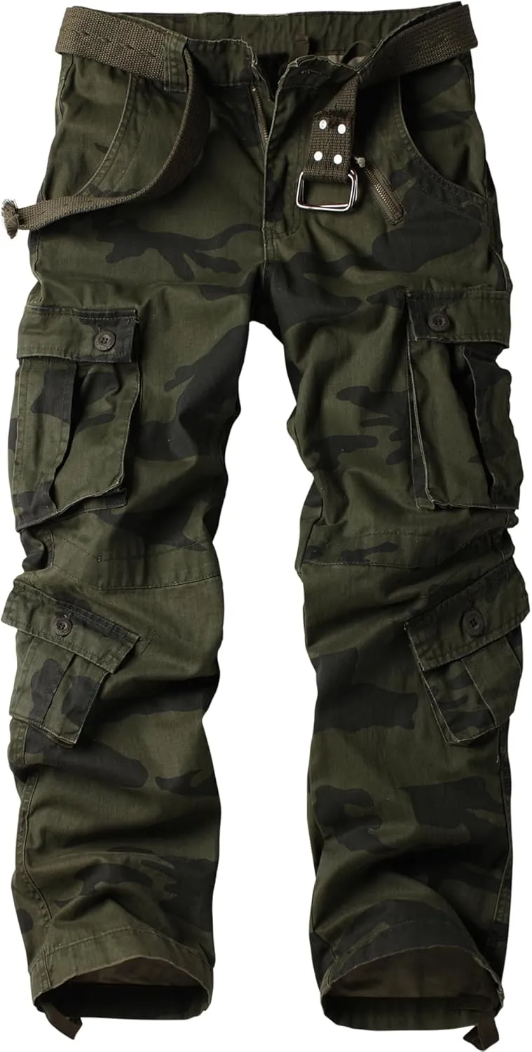 Men's Camo BDU Cargo Tactical Ripstop Casual Lightweight Baggy Combat 100% Cotton Pants with 8 Pockets(No Belt)