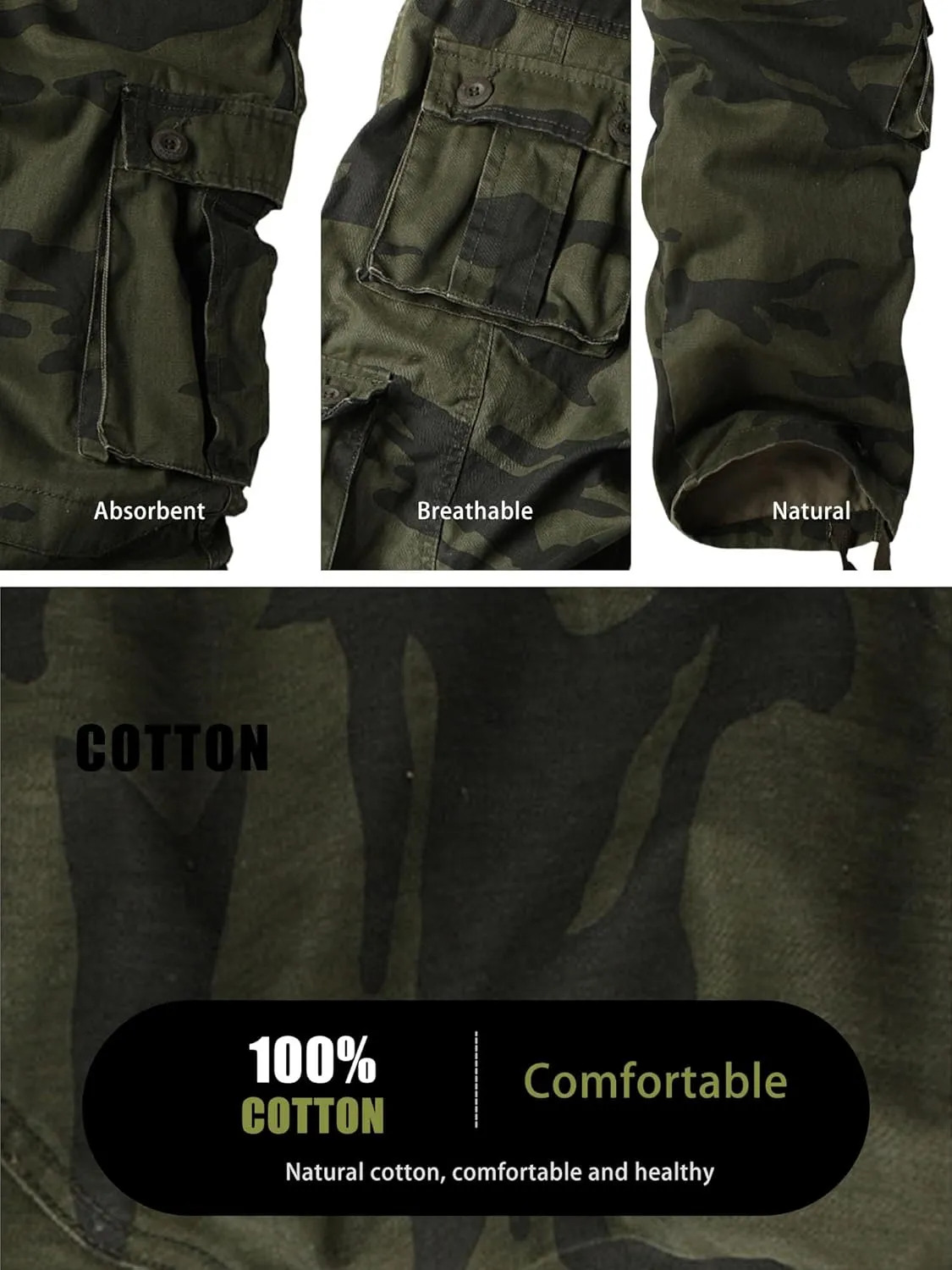 Men's Camo BDU Cargo Tactical Ripstop Casual Lightweight Baggy Combat 100% Cotton Pants with 8 Pockets(No Belt)