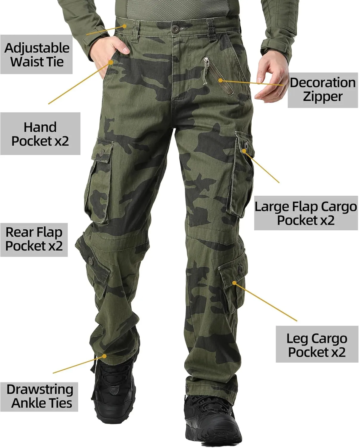 Men's Camo BDU Cargo Tactical Ripstop Casual Lightweight Baggy Combat 100% Cotton Pants with 8 Pockets(No Belt)