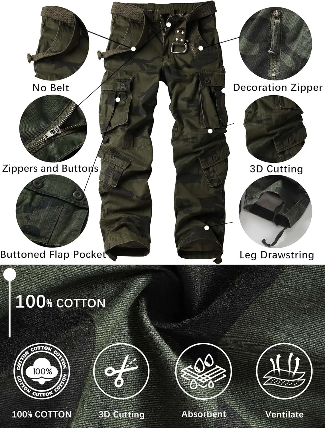 Men's Camo BDU Cargo Tactical Ripstop Casual Lightweight Baggy Combat 100% Cotton Pants with 8 Pockets(No Belt)