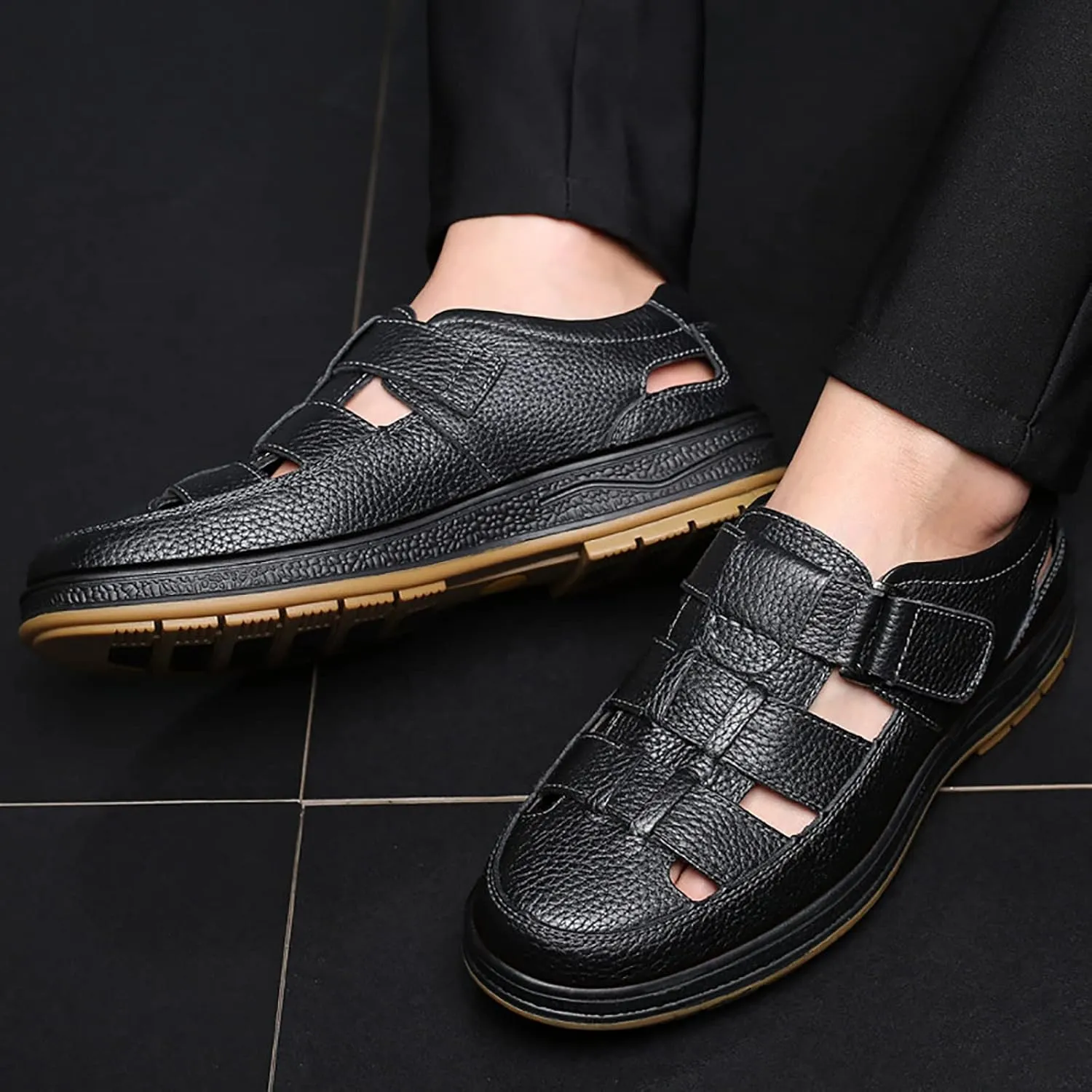 Men's Closed Toe Business Sandals, Large Size Handmade Casual Sandals, Fashion Hollow Out Backpacking Beach Shoes