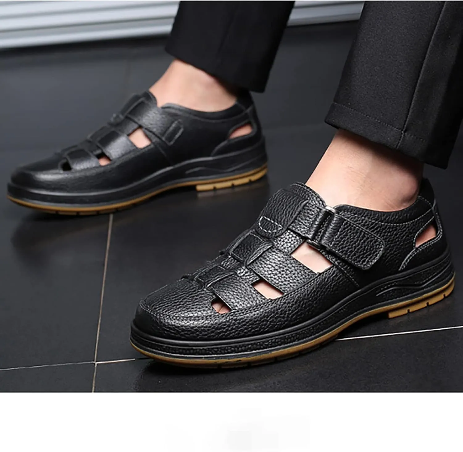 Men's Closed Toe Business Sandals, Large Size Handmade Casual Sandals, Fashion Hollow Out Backpacking Beach Shoes