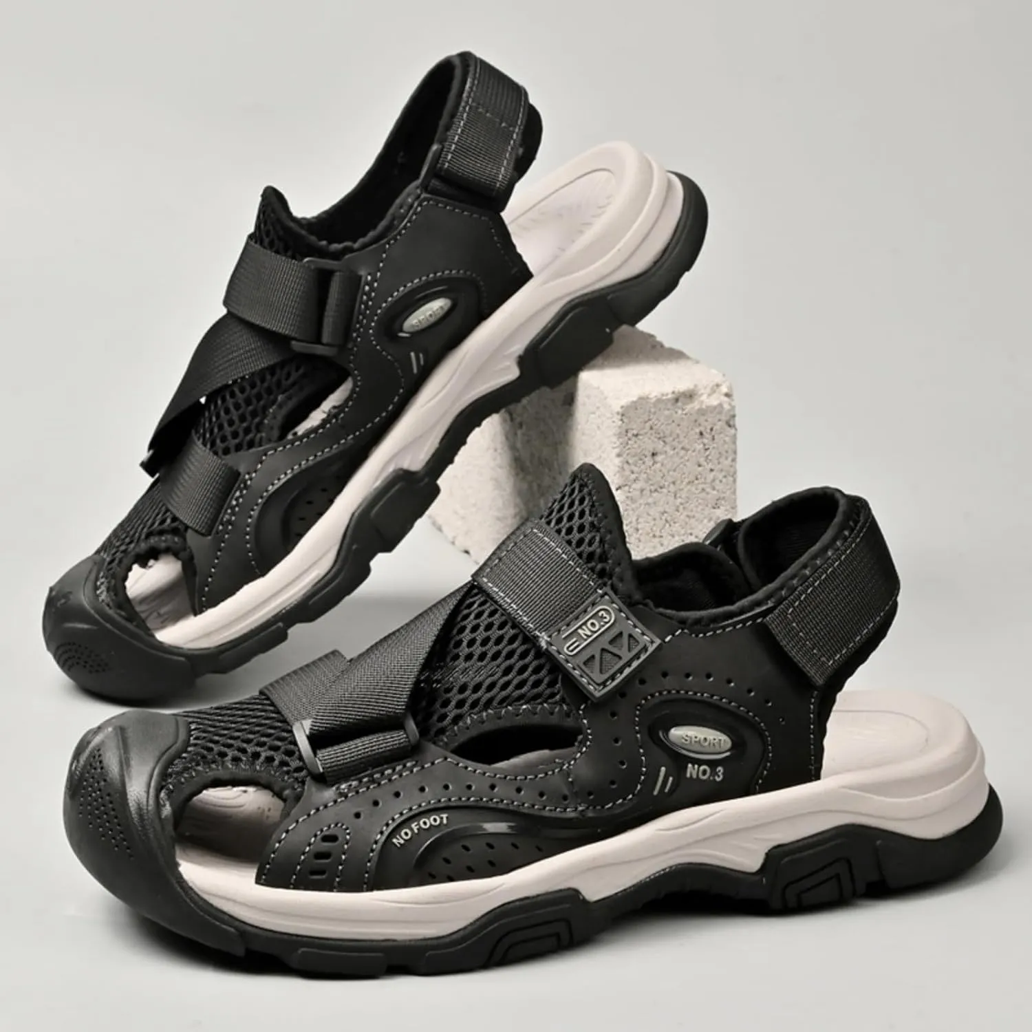 Men's Cowhide Leather Hiking Sandals - Athletic Closed - Toe Walking & Sports Fisherman Beach Water Sandals (Black,8)