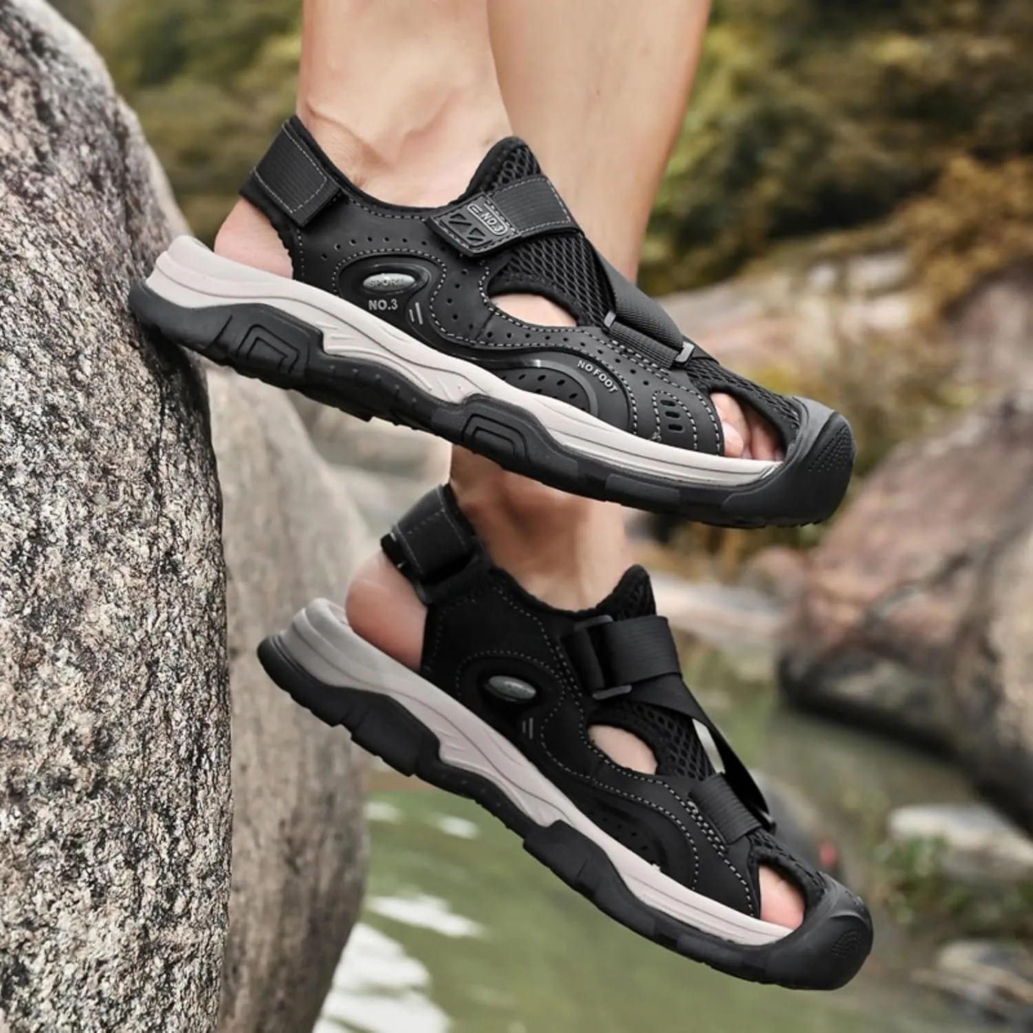 Men's Cowhide Leather Hiking Sandals - Athletic Closed - Toe Walking & Sports Fisherman Beach Water Sandals (Black,8)