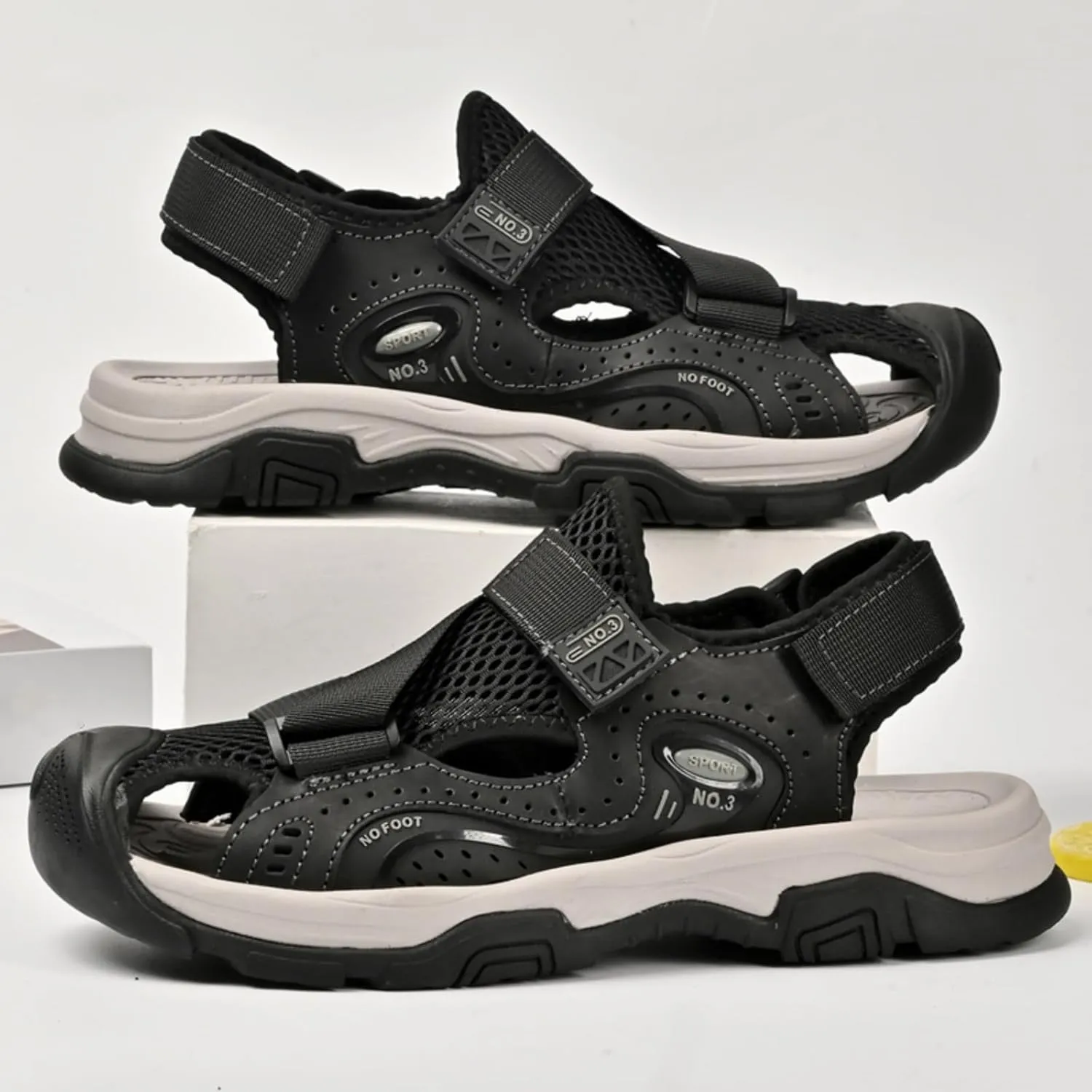 Men's Cowhide Leather Hiking Sandals - Athletic Closed - Toe Walking & Sports Fisherman Beach Water Sandals (Black,8)