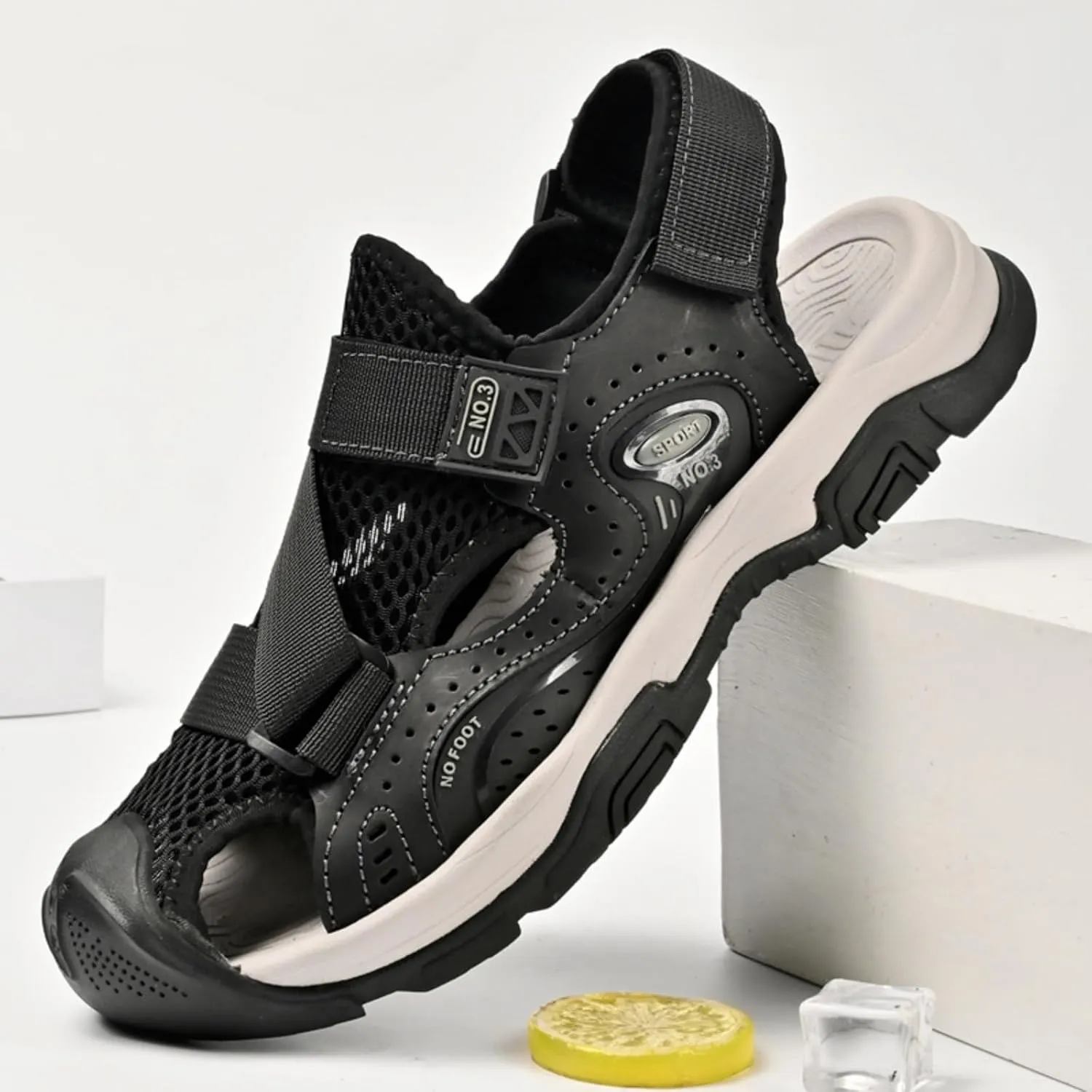Men's Cowhide Leather Hiking Sandals - Athletic Closed - Toe Walking & Sports Fisherman Beach Water Sandals (Black,8)