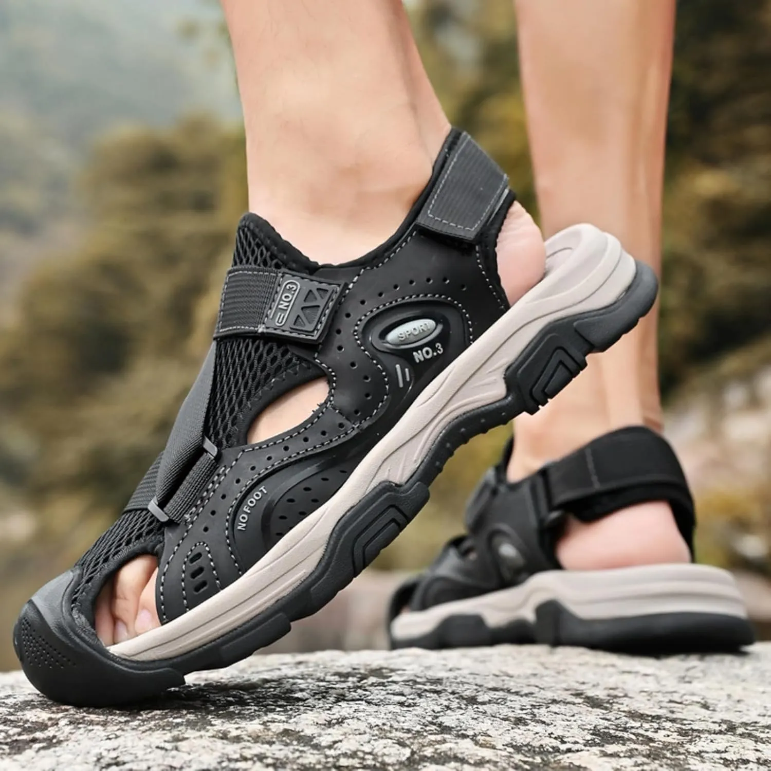Men's Cowhide Leather Hiking Sandals - Athletic Closed - Toe Walking & Sports Fisherman Beach Water Sandals (Black,8)