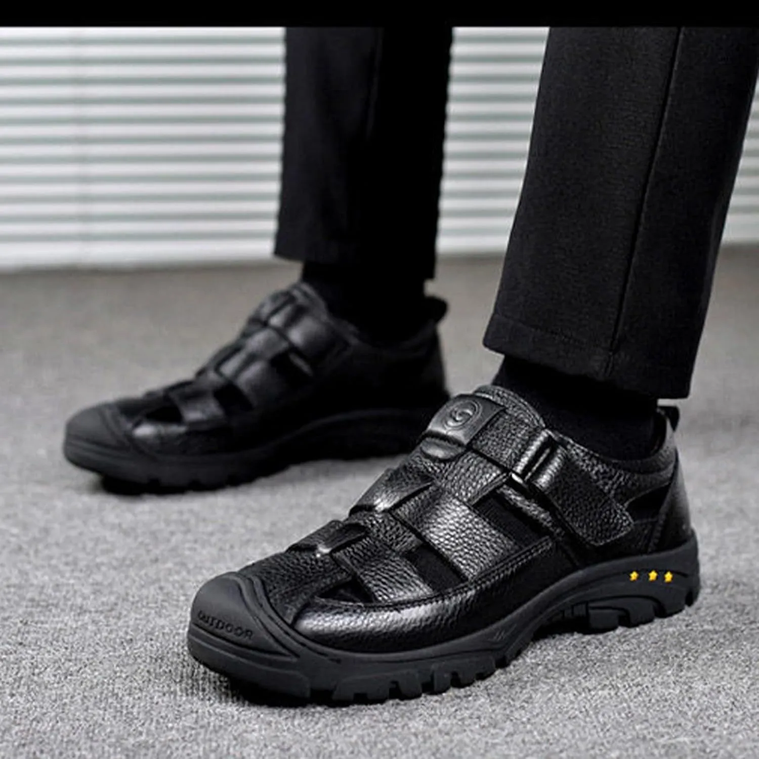 Men's Fashion Outdoor Hiking Sandals, Closed Toe Business Sandals, Real Leather Sports Beach Shoes