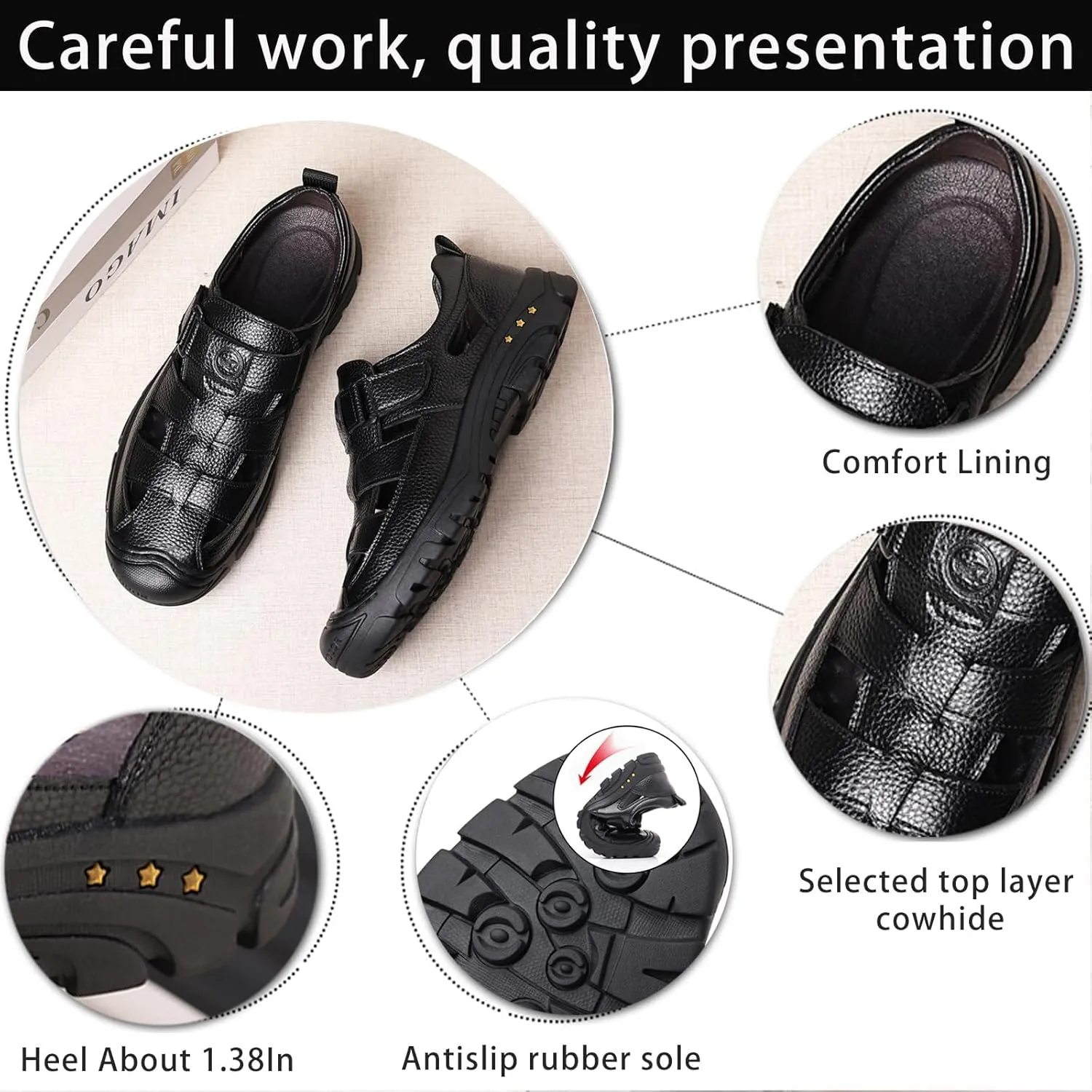 Men's Genuine Leather Fisherman Sandals Closed Toe Anti-Slip Platform Adjustable Hook & Loop Strap Summer Hollow Sandals for Casual Outdoor Travel