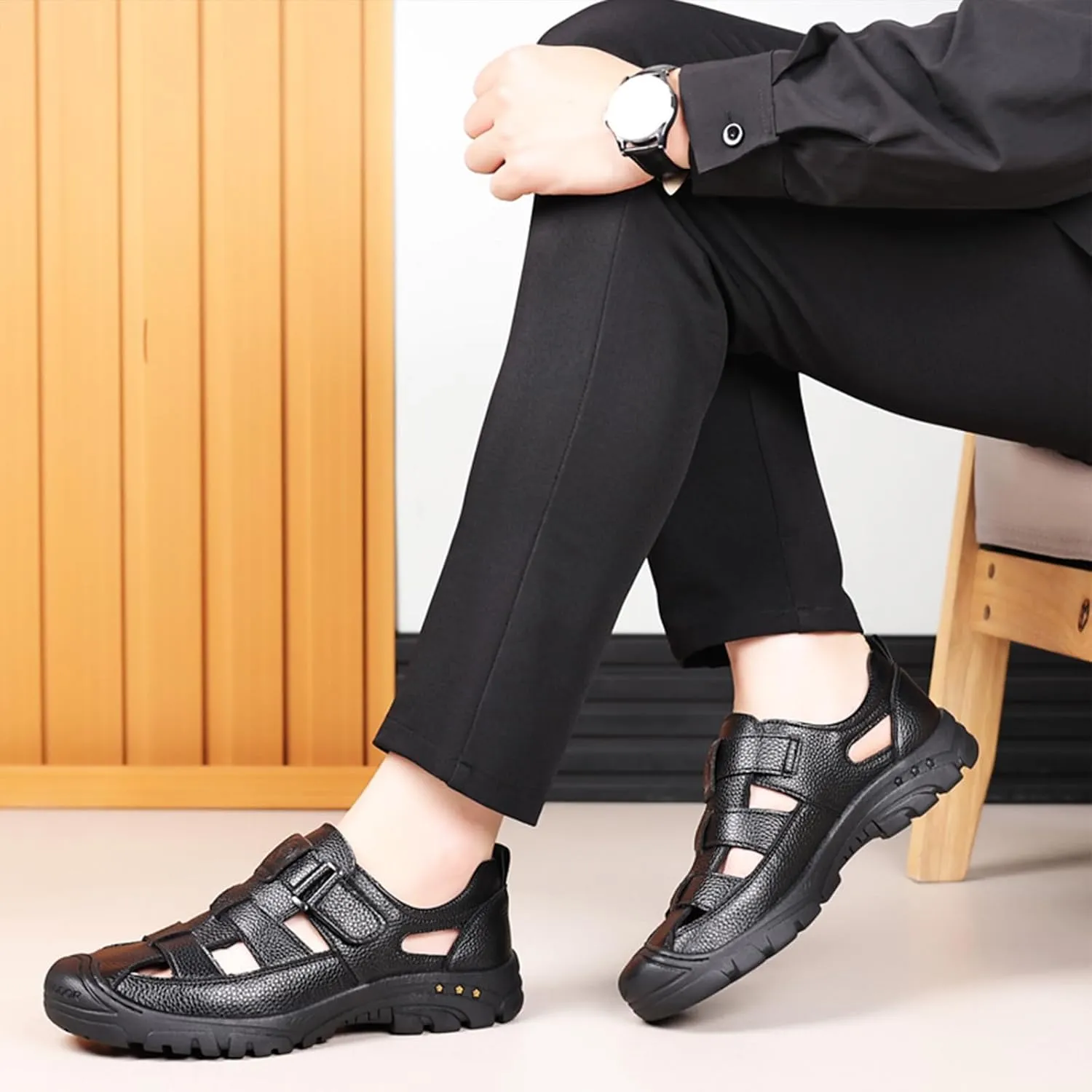 Men's Genuine Leather Fisherman Sandals Closed Toe Anti-Slip Platform Adjustable Hook & Loop Strap Summer Hollow Sandals for Casual Outdoor Travel