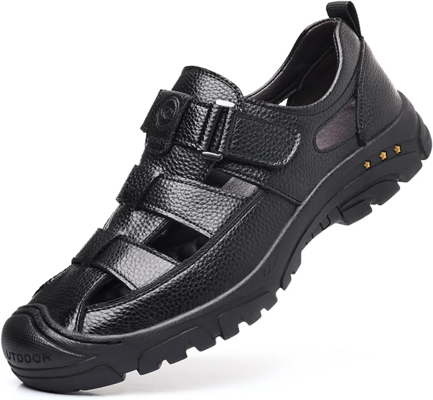 Men's Genuine Leather Fisherman Sandals Closed Toe Anti-Slip Platform Adjustable Hook & Loop Strap Summer Hollow Sandals for Casual Outdoor Travel