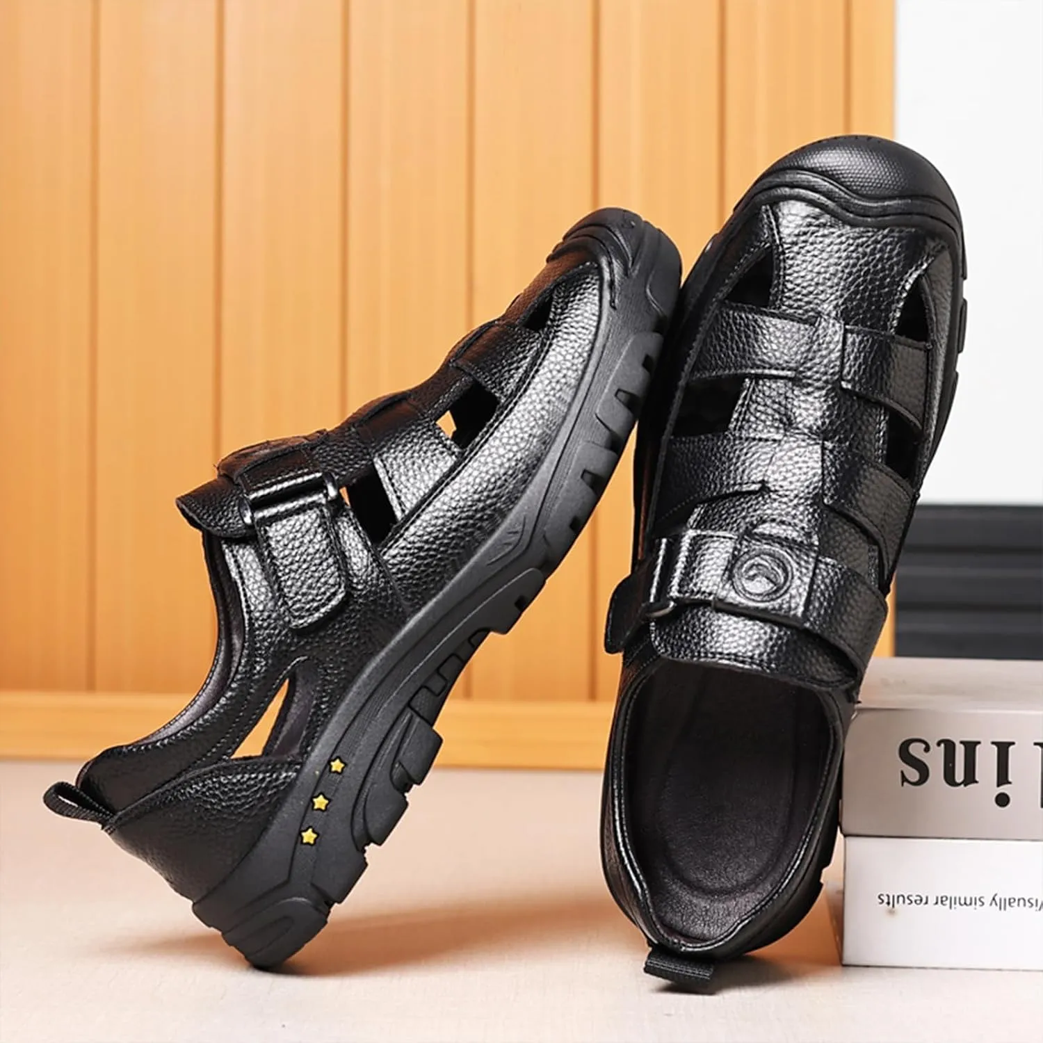 Men's Genuine Leather Fisherman Sandals Closed Toe Anti-Slip Platform Adjustable Hook & Loop Strap Summer Hollow Sandals for Casual Outdoor Travel