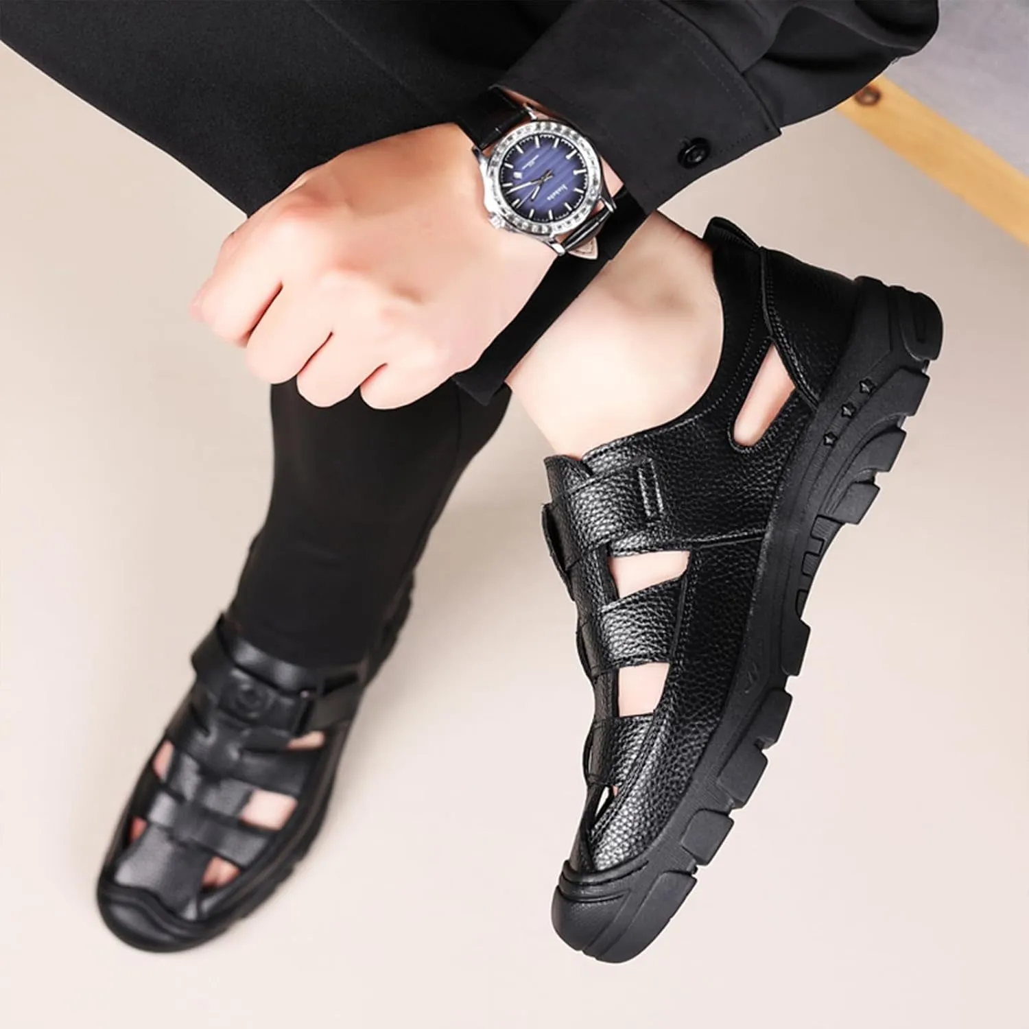 Men's Genuine Leather Fisherman Sandals Closed Toe Anti-Slip Platform Adjustable Hook & Loop Strap Summer Hollow Sandals for Casual Outdoor Travel