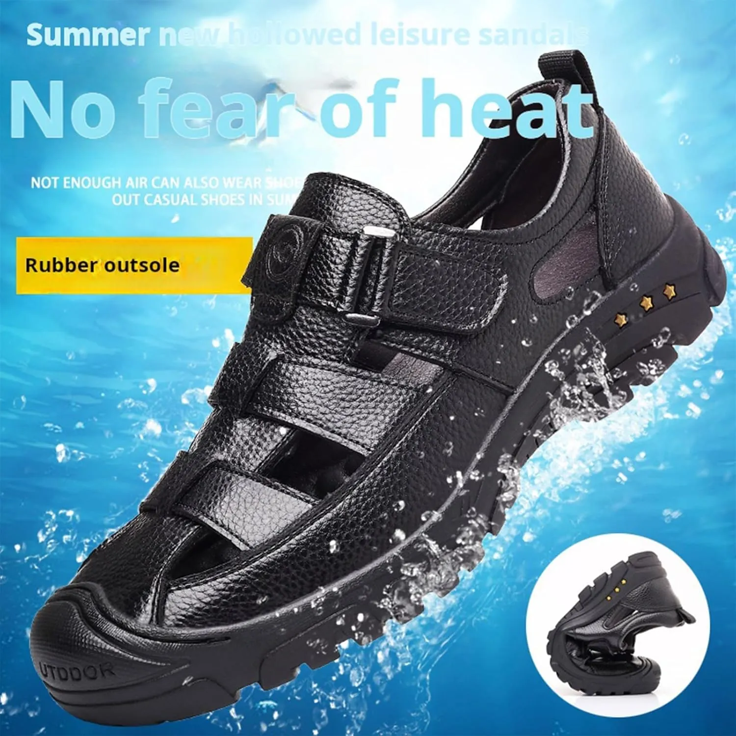 Men's Genuine Leather Fisherman Sandals Closed Toe Anti-Slip Platform Adjustable Hook & Loop Strap Summer Hollow Sandals for Casual Outdoor Travel