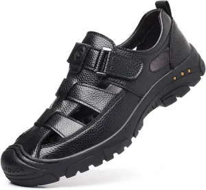 Men's Genuine Leather Fisherman Sandals Closed Toe Anti-Slip Platform Adjustable Hook & Loop Strap Summer Hollow Sandals for Casual Outdoor Travel