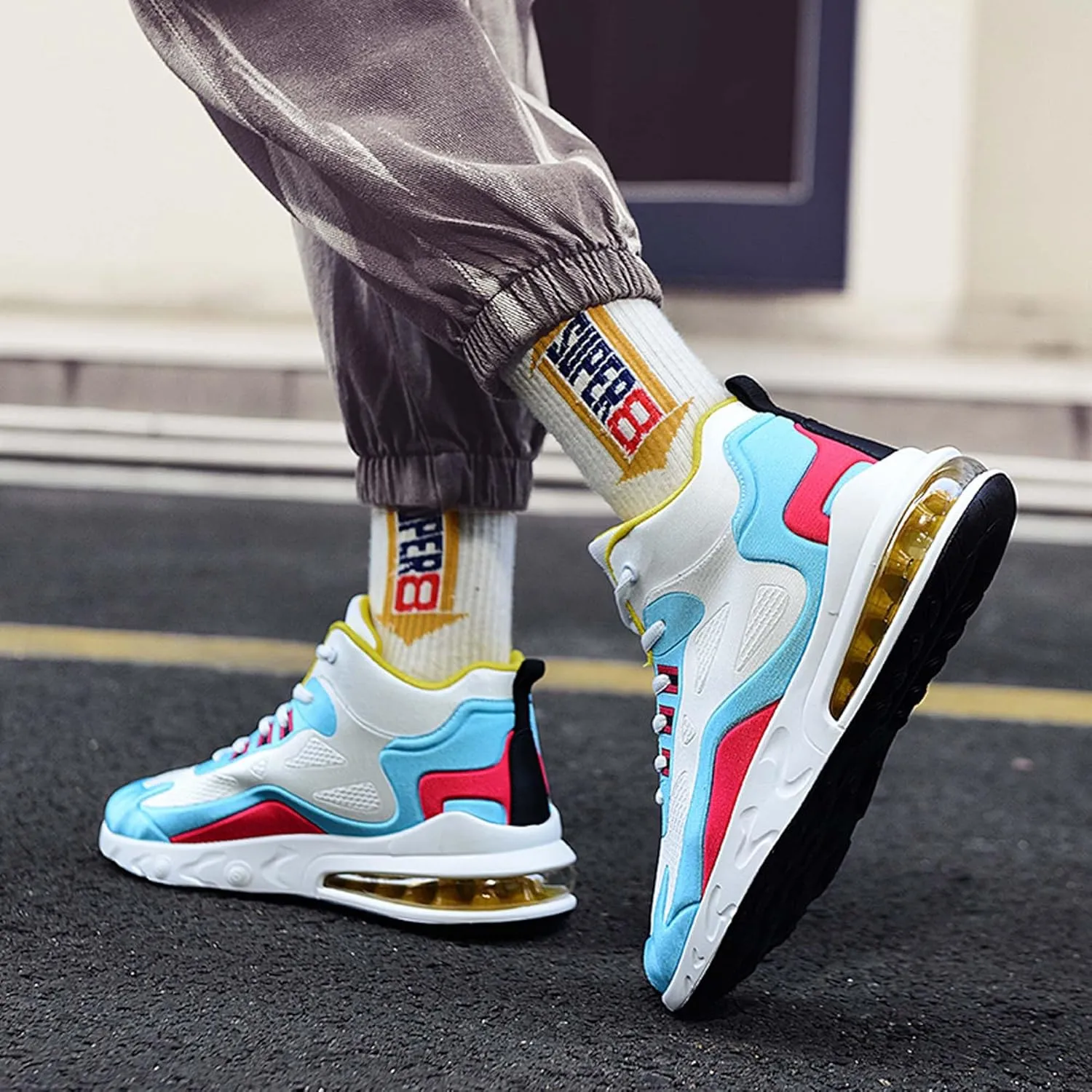 Men's High Top Sneakers Outdoor Comfortable Air Cushion Running Shoes Non-Slip Walking Trainers Fashion Basketball Sneakers