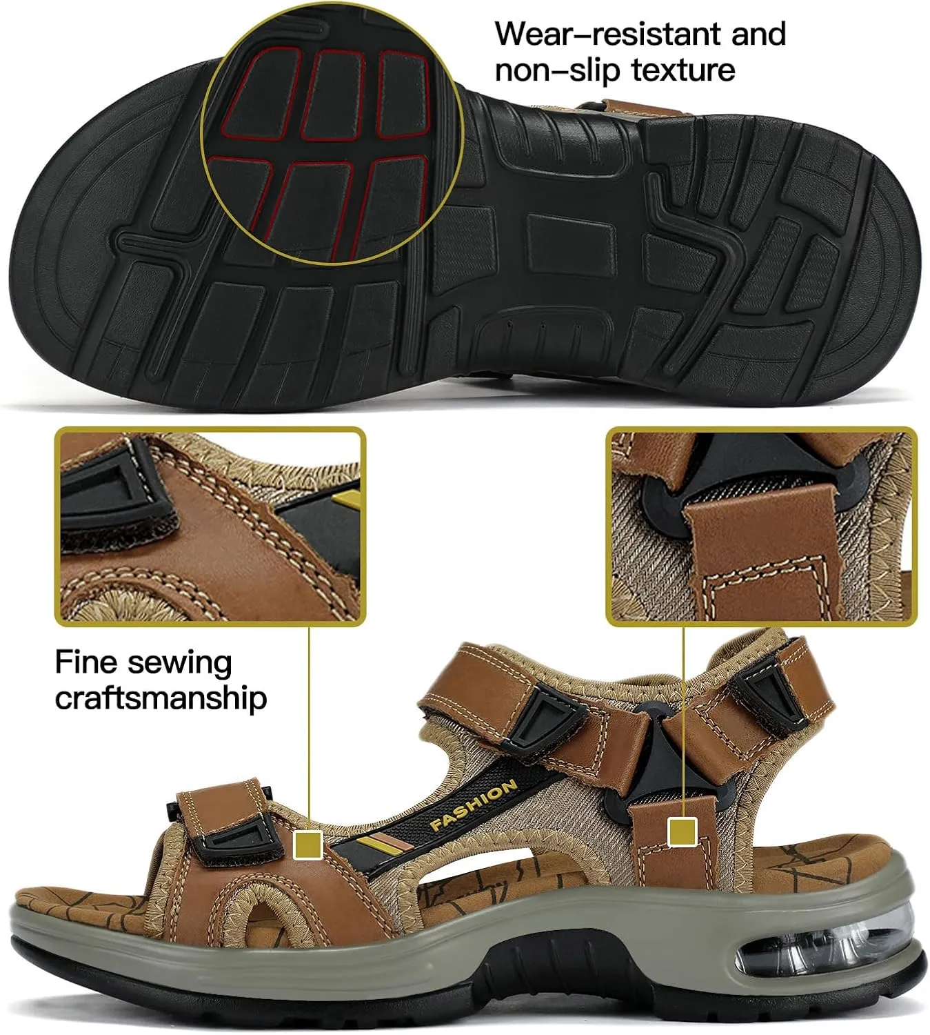 Mens Hiking Sandals Leather Air Cushion Non Slip Comfortable Beach Footwear