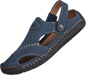 Men's Leather Fisherman Sandals, Closed Toe, Hollow Athletic Sandals Slip-on Roman Casual Summer Beach Slipper Shoes