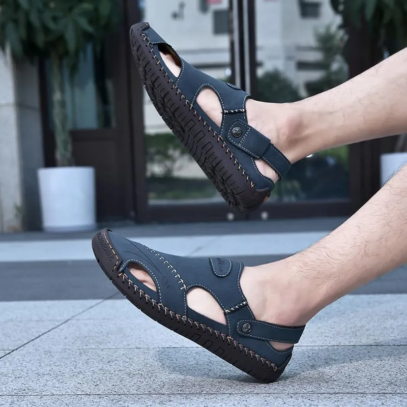 Men's Leather Fisherman Sandals, Closed Toe, Hollow Athletic Sandals Slip-on Roman Casual Summer Beach Slipper Shoes