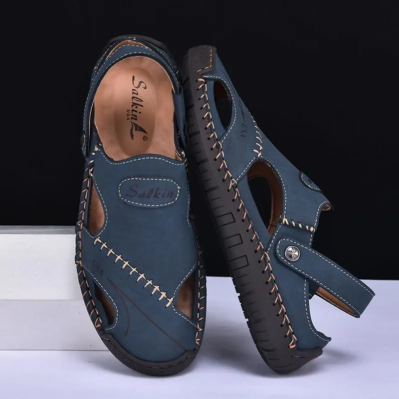 Men's Leather Fisherman Sandals, Closed Toe, Hollow Athletic Sandals Slip-on Roman Casual Summer Beach Slipper Shoes