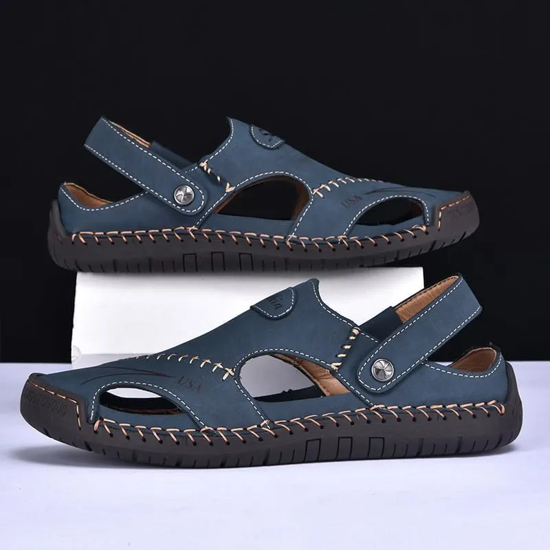 Men's Leather Fisherman Sandals, Closed Toe, Hollow Athletic Sandals Slip-on Roman Casual Summer Beach Slipper Shoes