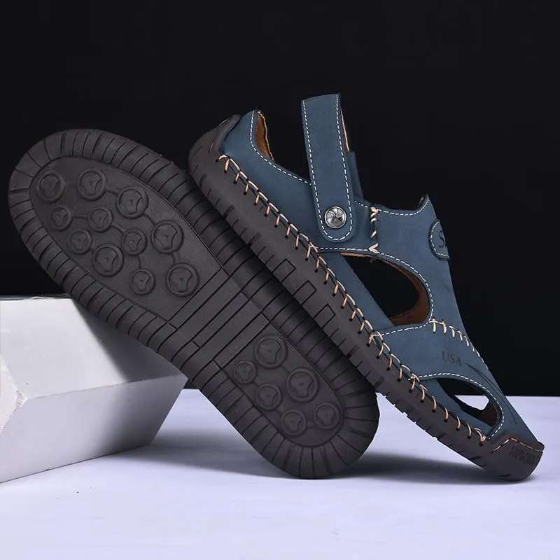 Men's Leather Fisherman Sandals, Closed Toe, Hollow Athletic Sandals Slip-on Roman Casual Summer Beach Slipper Shoes