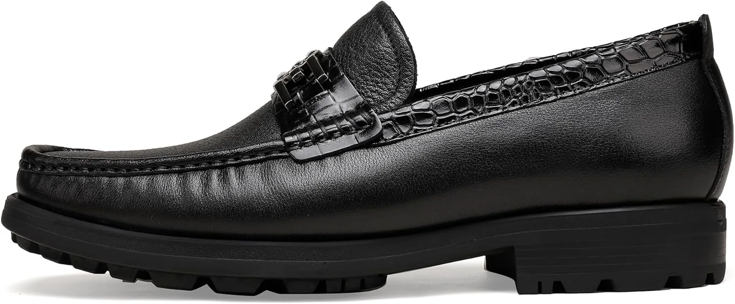 Mens Leather Penny Loafers, Classic Crocodile Printed Business Dress Shoes with Metal Buckle Slip on Penny Shoes for Mens