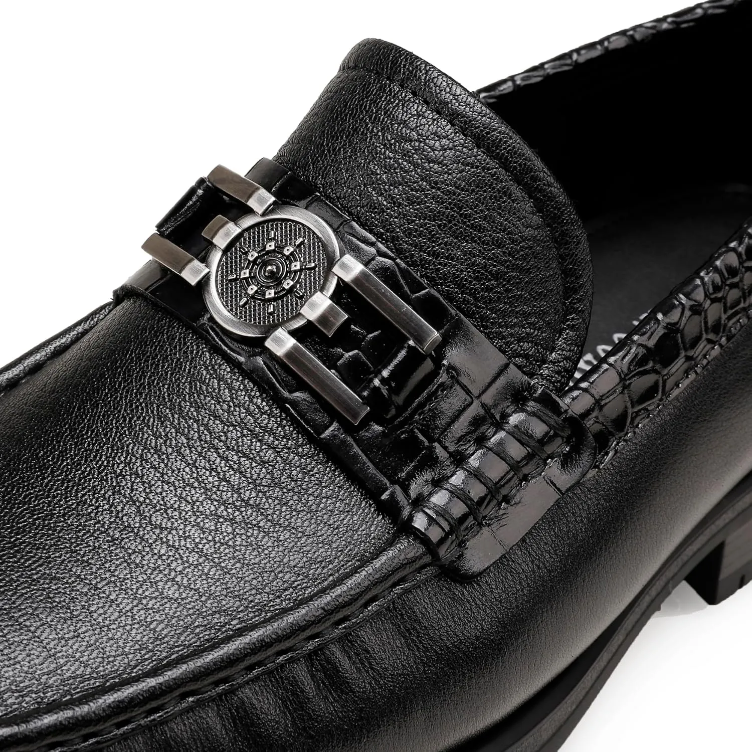 Mens Leather Penny Loafers, Classic Crocodile Printed Business Dress Shoes with Metal Buckle Slip on Penny Shoes for Mens
