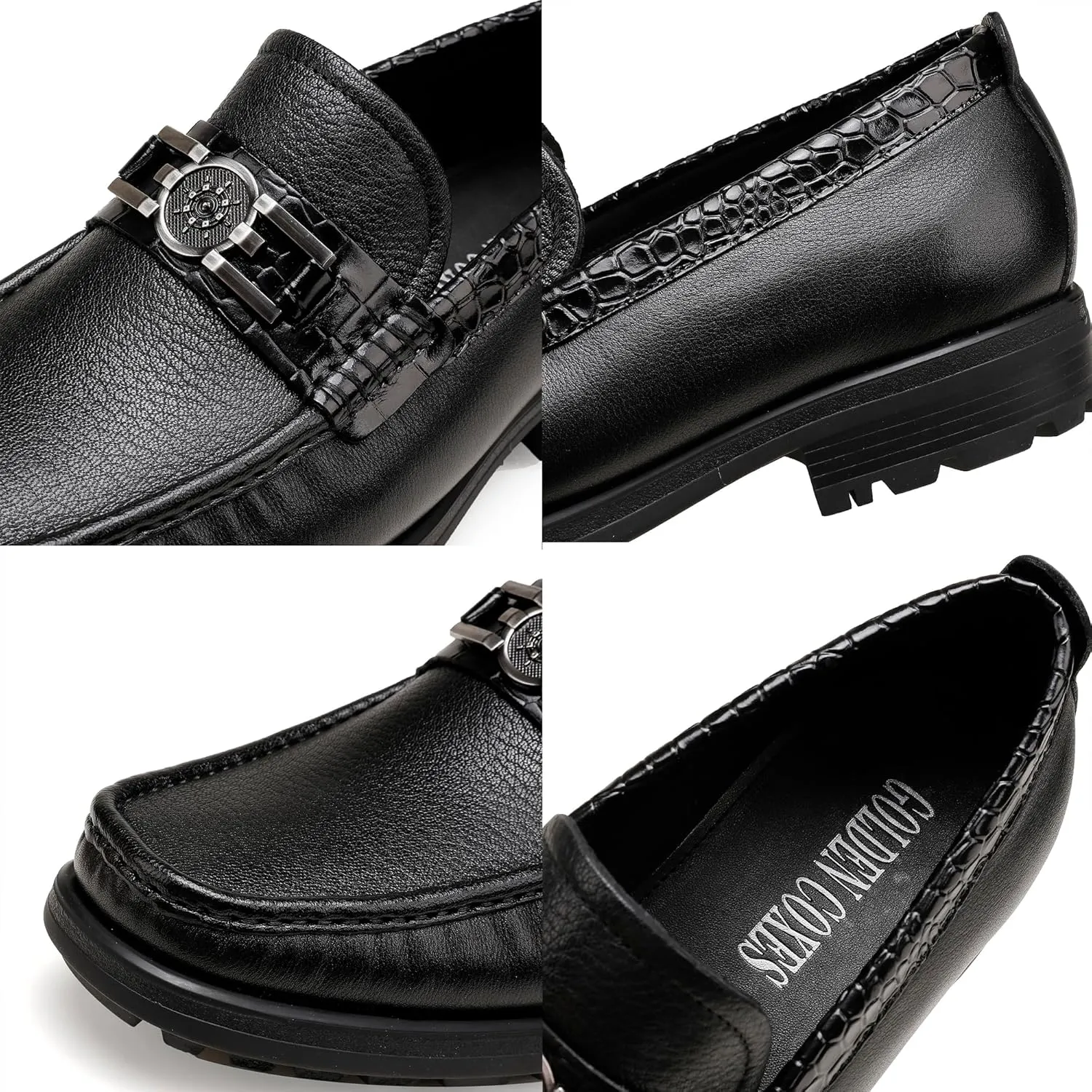 Mens Leather Penny Loafers, Classic Crocodile Printed Business Dress Shoes with Metal Buckle Slip on Penny Shoes for Mens