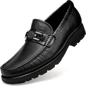 Mens Leather Penny Loafers, Classic Crocodile Printed Business Dress Shoes with Metal Buckle Slip on Penny Shoes for Mens