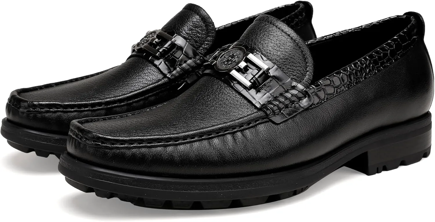 Mens Leather Penny Loafers, Classic Crocodile Printed Business Dress Shoes with Metal Buckle Slip on Penny Shoes for Mens
