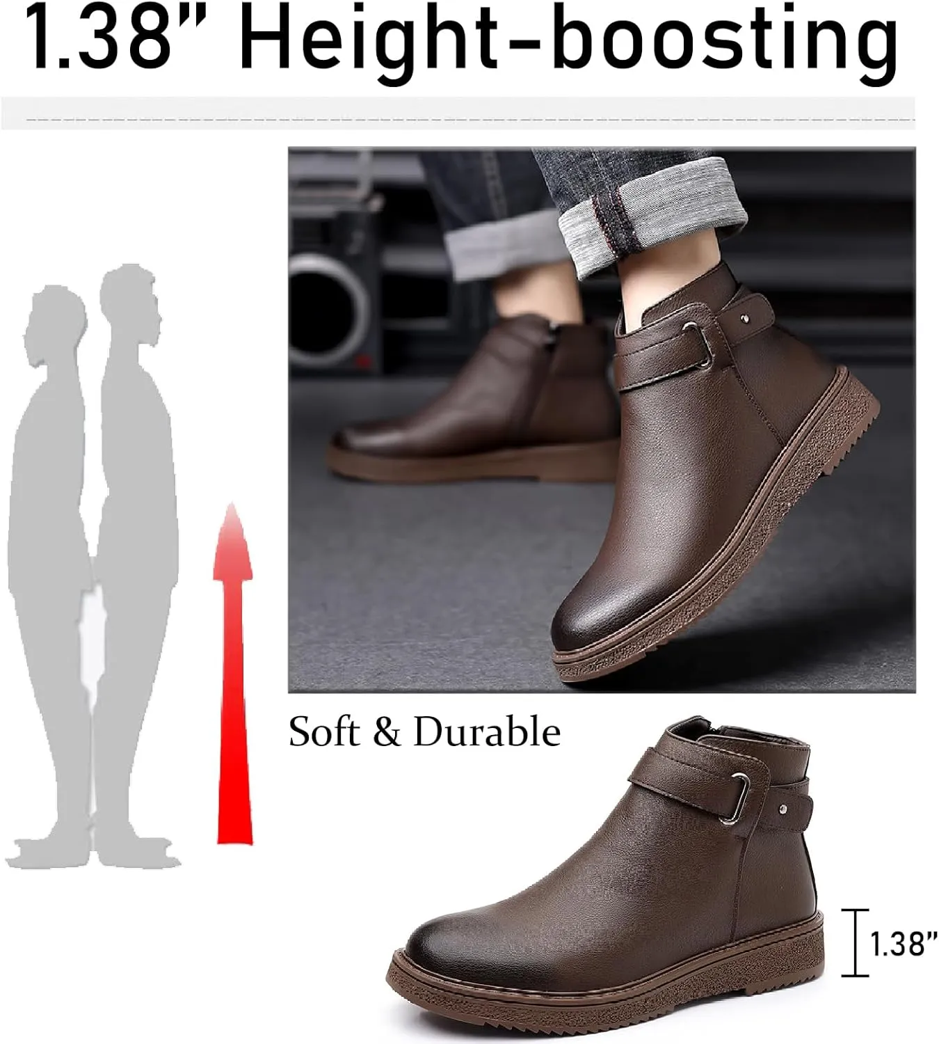 Men's Leather Platform Chelsea Ankle Boots with Side Zipper Fashion Comfortable Anti-Slip Flat Booties for Fall Winter Casual Dress Boots