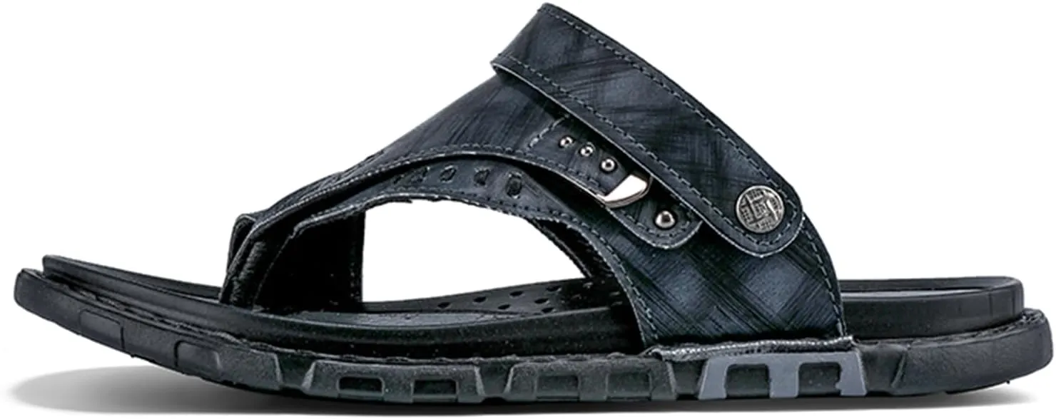 Men's Leather Sandals with Adjustable Strap Black Slip-On Beach Sandals Thong Open Toe Arch Support Non-Slip Soft Comfortable Slide Sandals