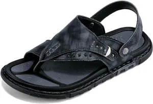 Men's Leather Sandals with Adjustable Strap Black Slip-On Beach Sandals Thong Open Toe Arch Support Non-Slip Soft Comfortable Slide Sandals